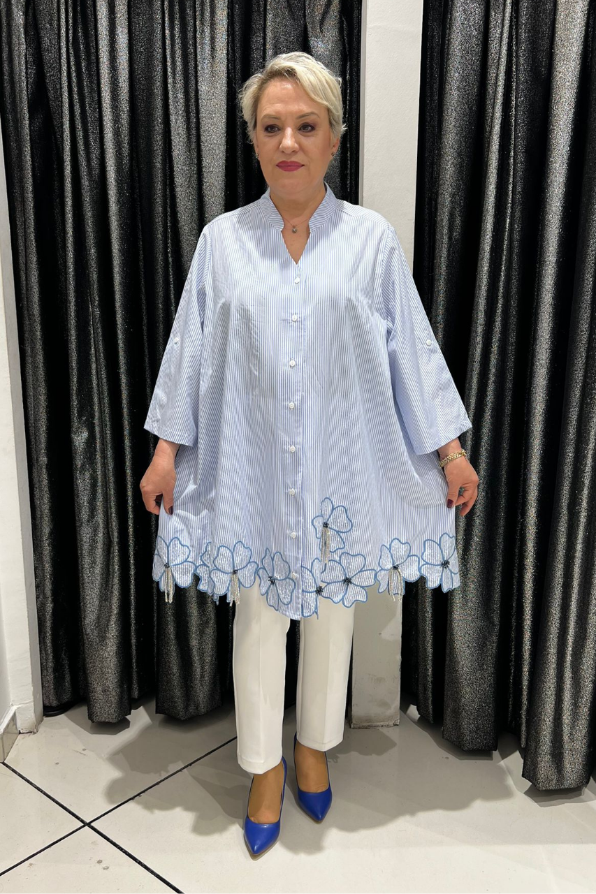 Selma Büyük Beden Koton Mandarin Yaka Nakış Detaylı Gömlek