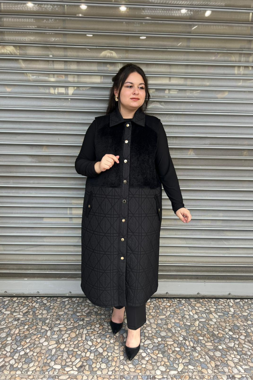 Selma Büyük Beden Kürk Detaylı Çıtçıtlı Yelek