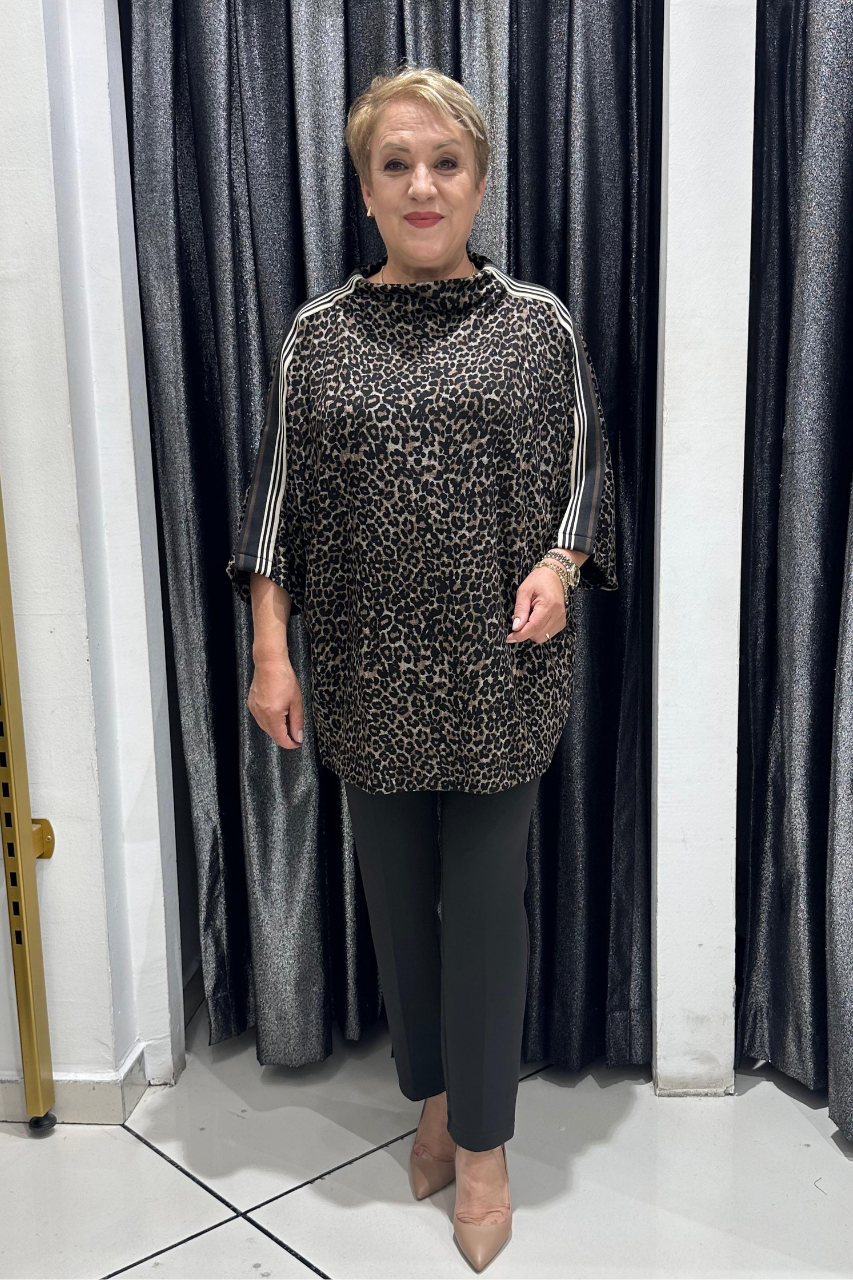 Selma Büyük Beden Leopar Desenli Şeritli Bluz