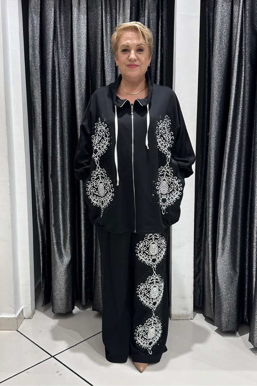 Selma Büyük Beden Modern Desen İşlemeli Fermuarlı Takım