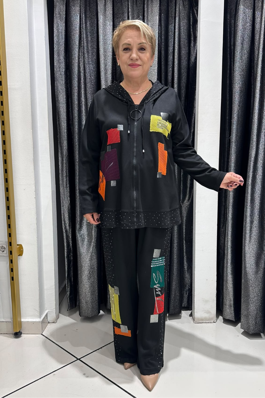Selma Büyük Beden Modern Patchwork Detaylı Kapüşonlu Takım