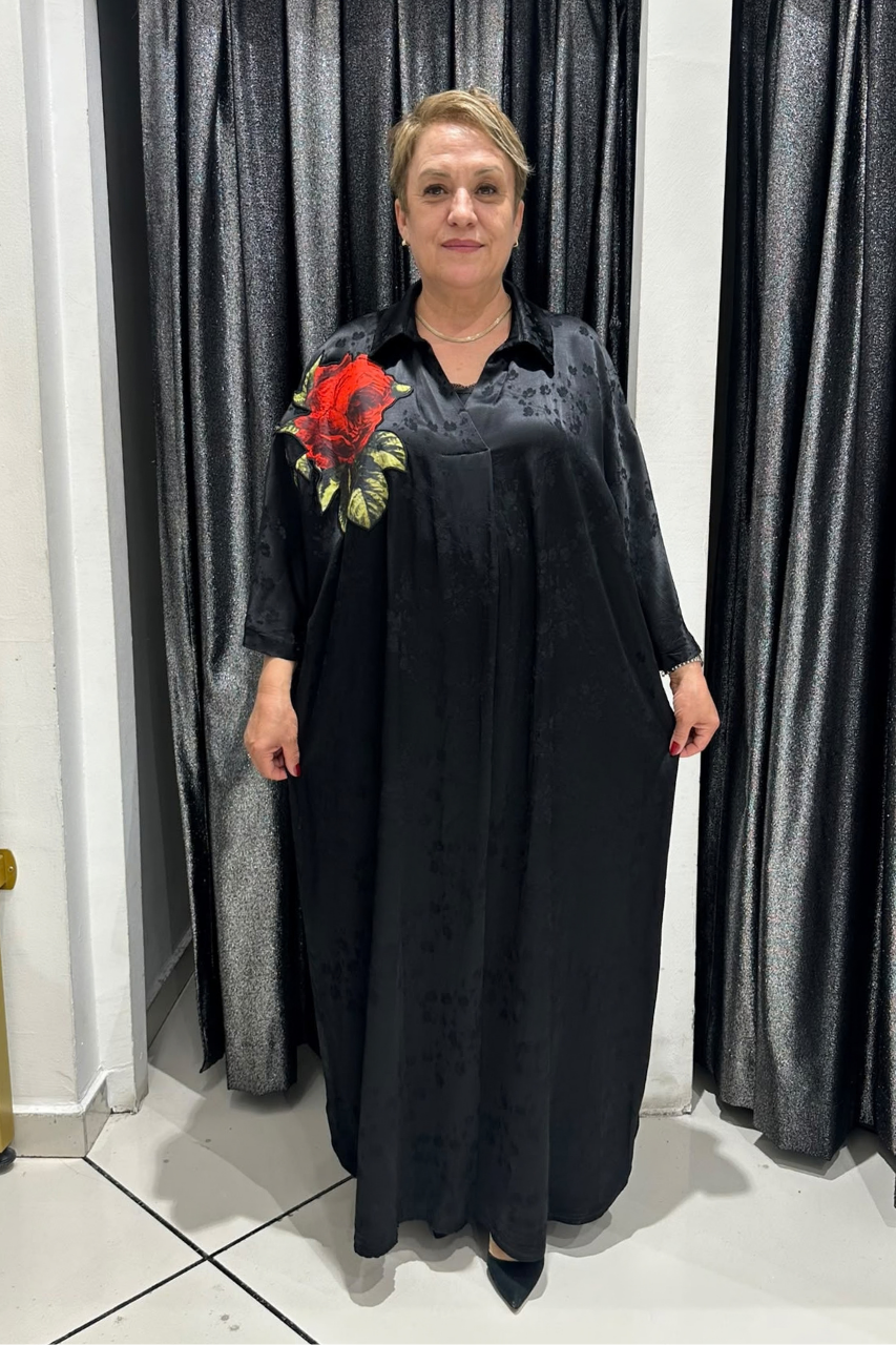 Selma Büyük Beden Pamuk Saten Çiçek Detaylı Elbise