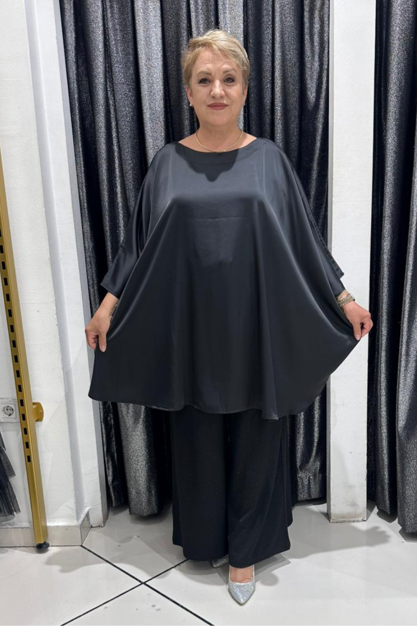 Selma Büyük Beden Pamuk Saten Desenli Bluz ve Örme Pantolon Takım