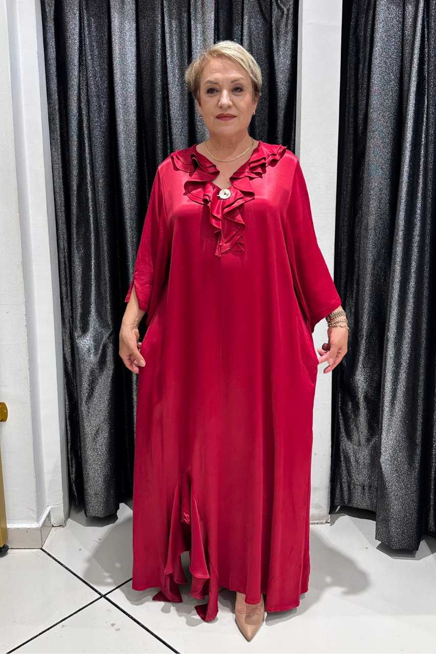 Selma Büyük Beden Pamuk Saten Fırfır Detaylı Elbise