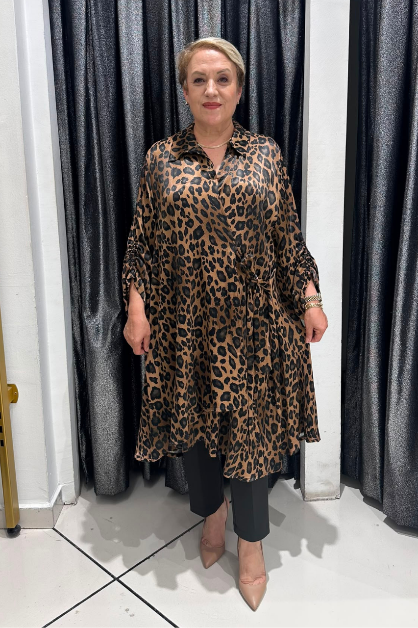 Selma Büyük Beden Pamuk Saten Leopar Tunik