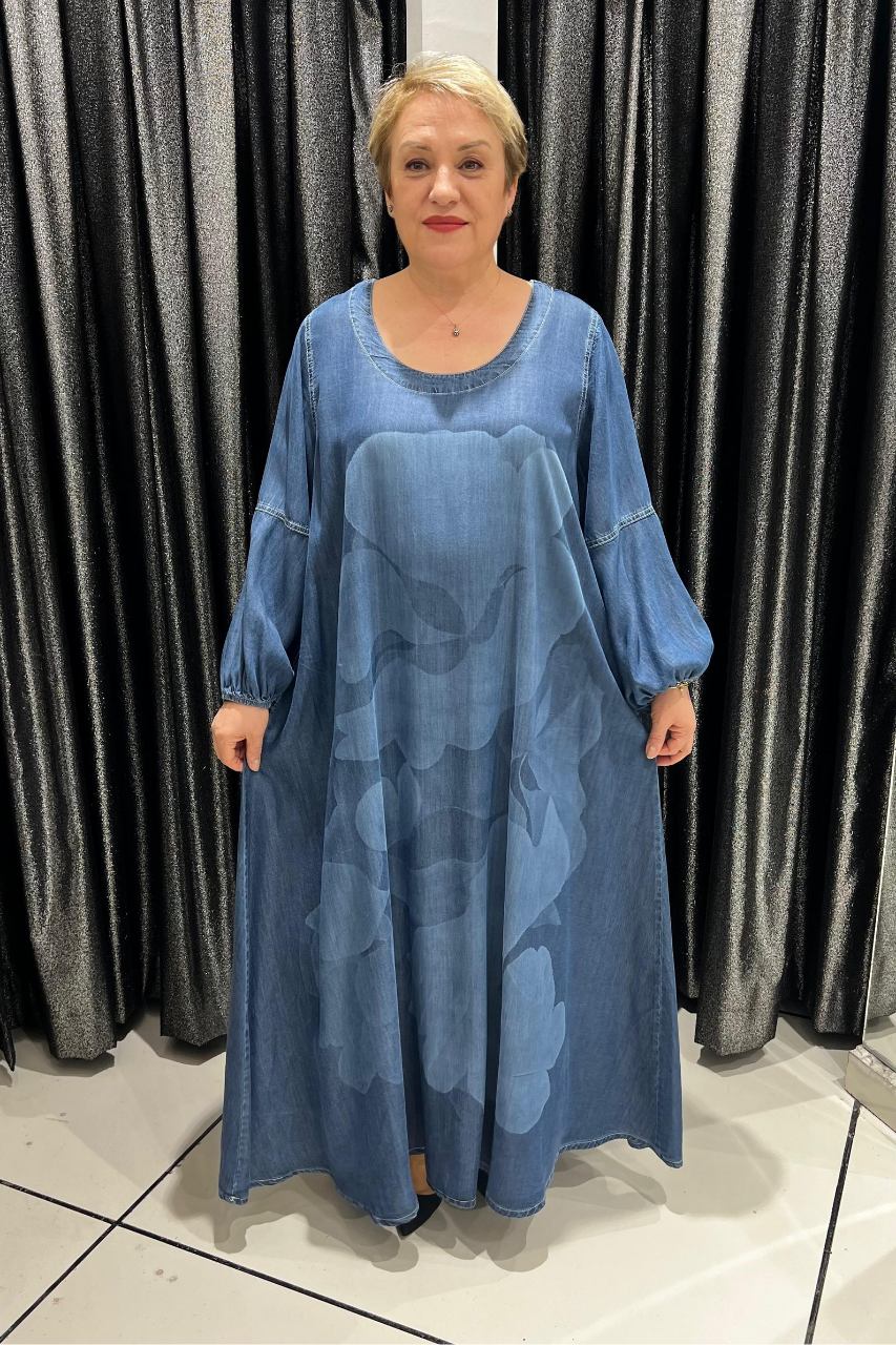 Selma Büyük Beden Pamuklu Denim Çiçek Desenli Elbise