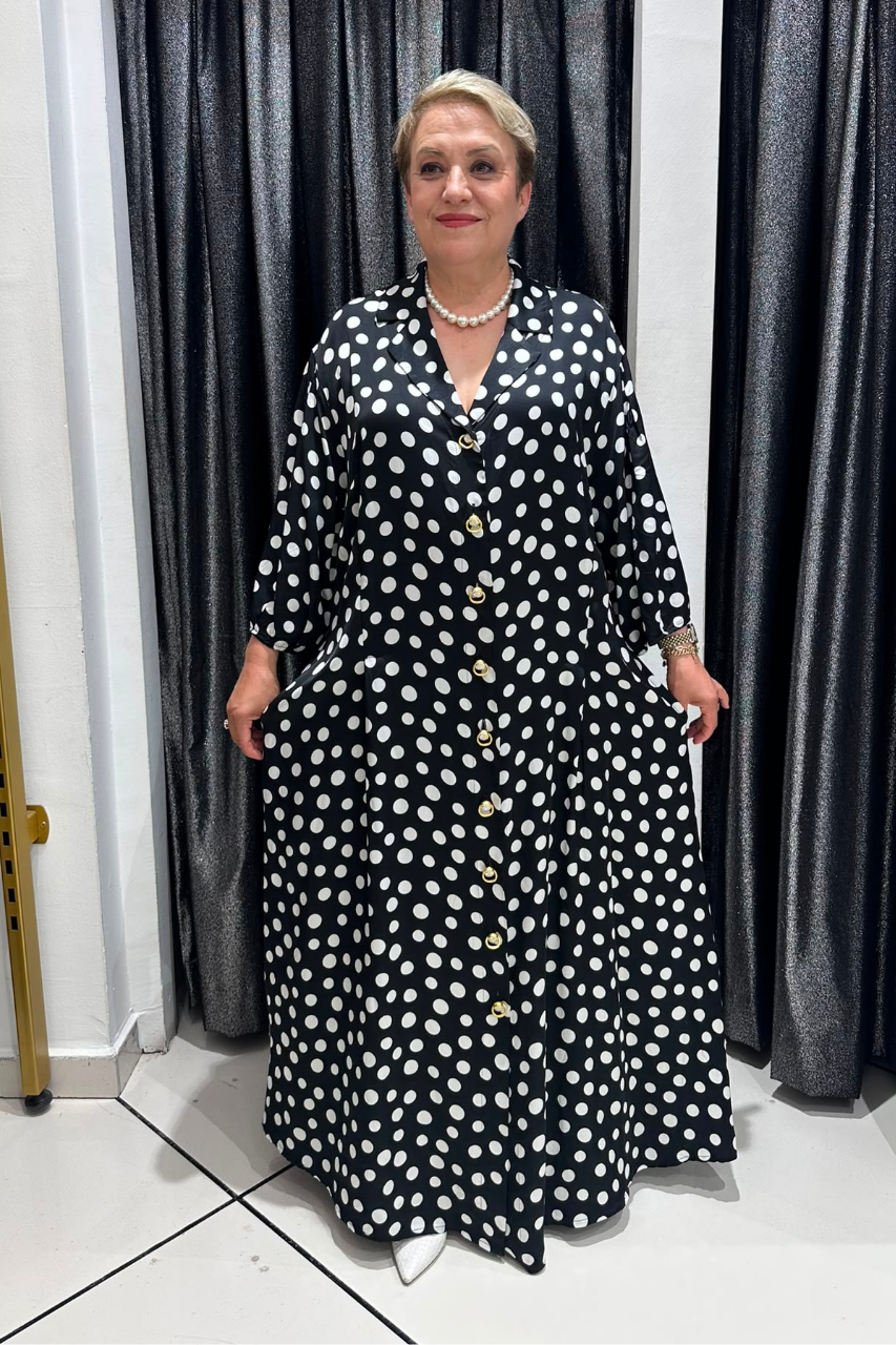 Selma Büyük Beden Puantiyeli Saten Elbise