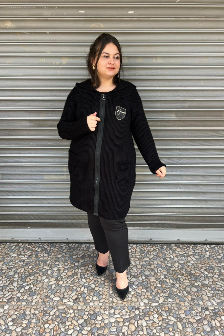 Selma Büyük Beden Rahat Kesim Cepli Kapüşonlu Hırka