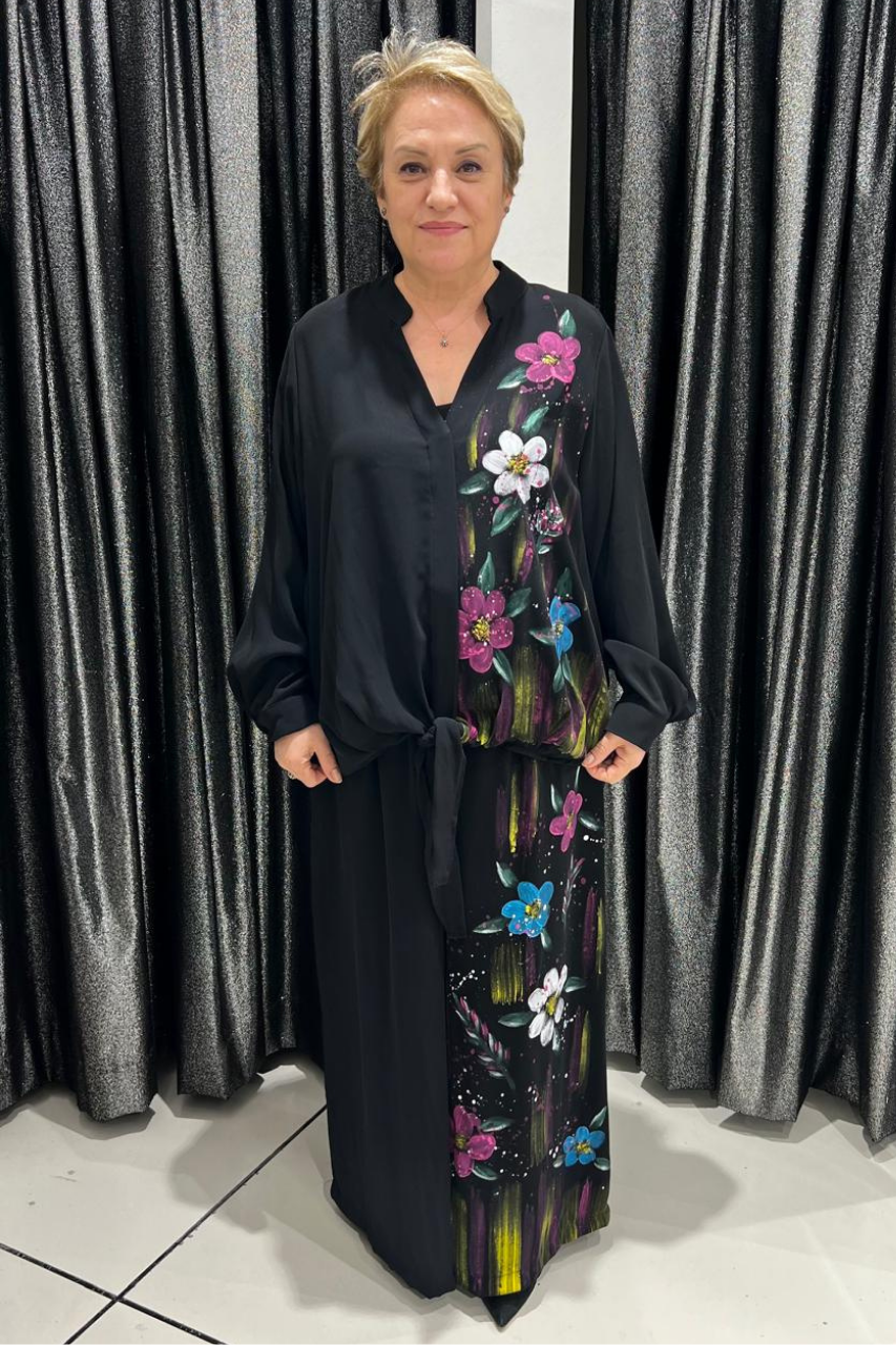 Selma Büyük Beden Sanatsal Çiçek Motifli Takım