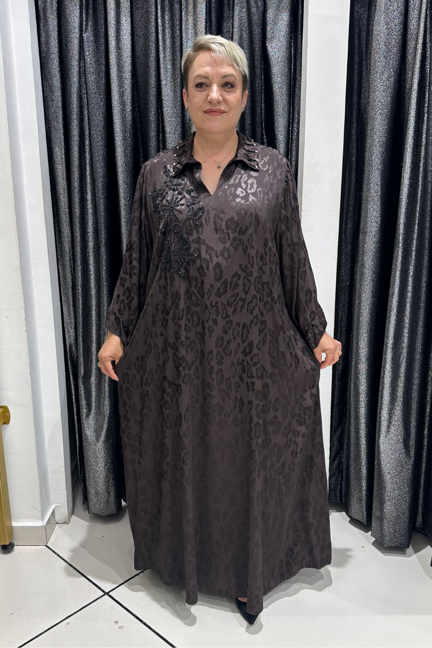 Selma Büyük Beden Saten Boncuk İşlemeli Şık Elbise