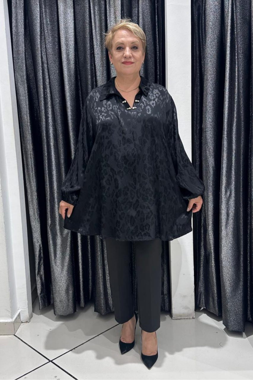 Selma Büyük Beden Saten Yaka Detaylı Bluz