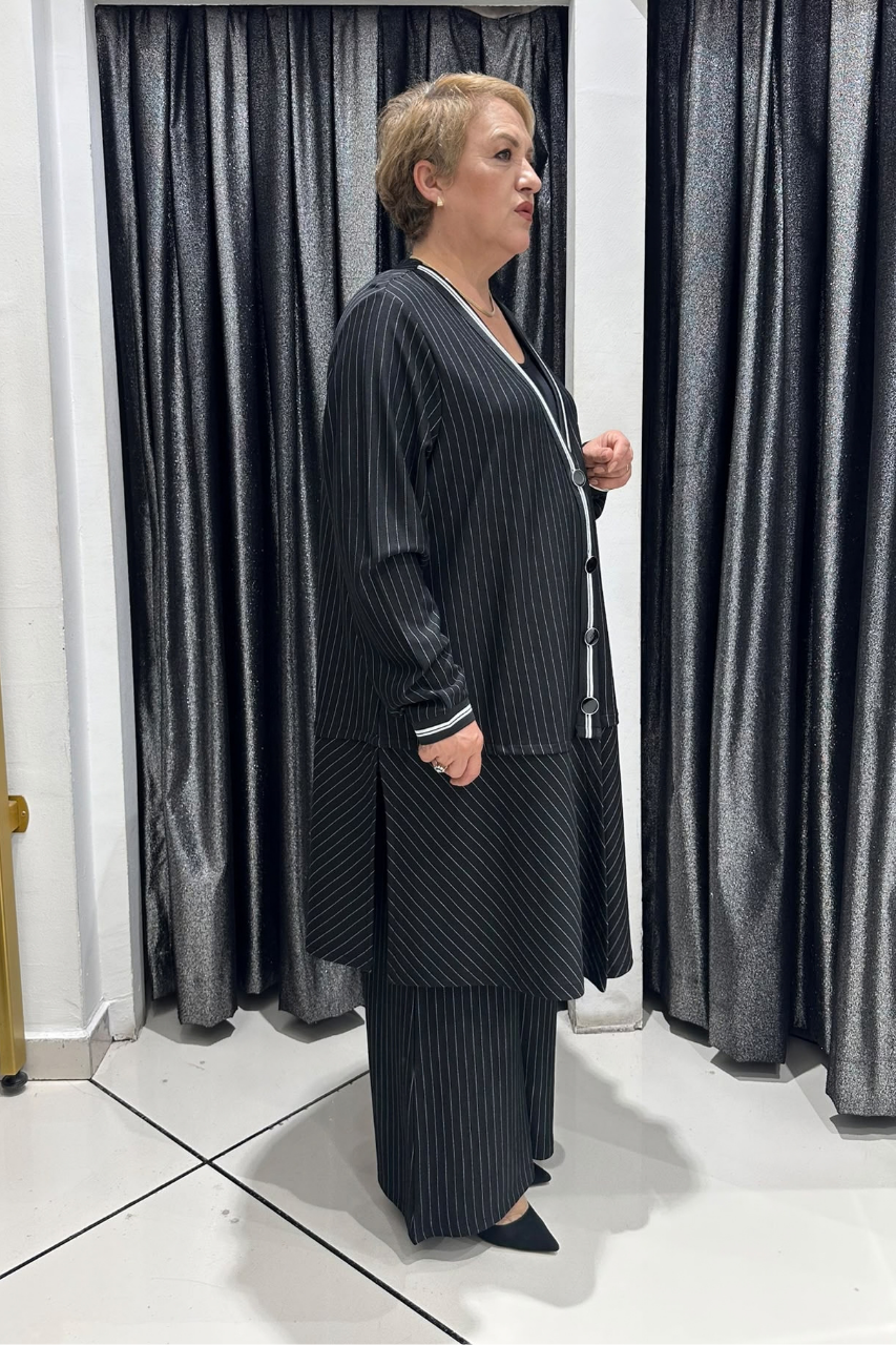 Selma Büyük Beden Şerit Detaylı Pantolonlu Takım