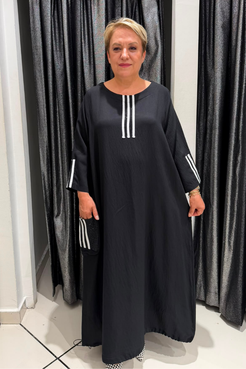 Selma Büyük Beden Şerit Detaylı Uzun Elbise