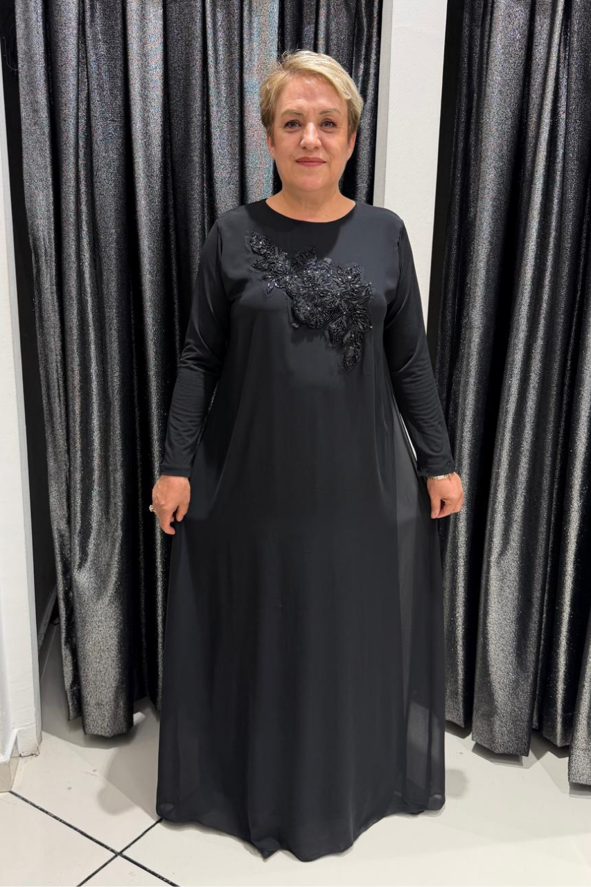Selma Büyük Beden Şifon Detaylı Uzun Elbise