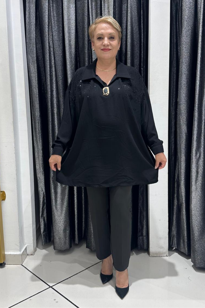 Selma Büyük Beden Şık Broşlu Taş Detaylı Yakalı Bluz
