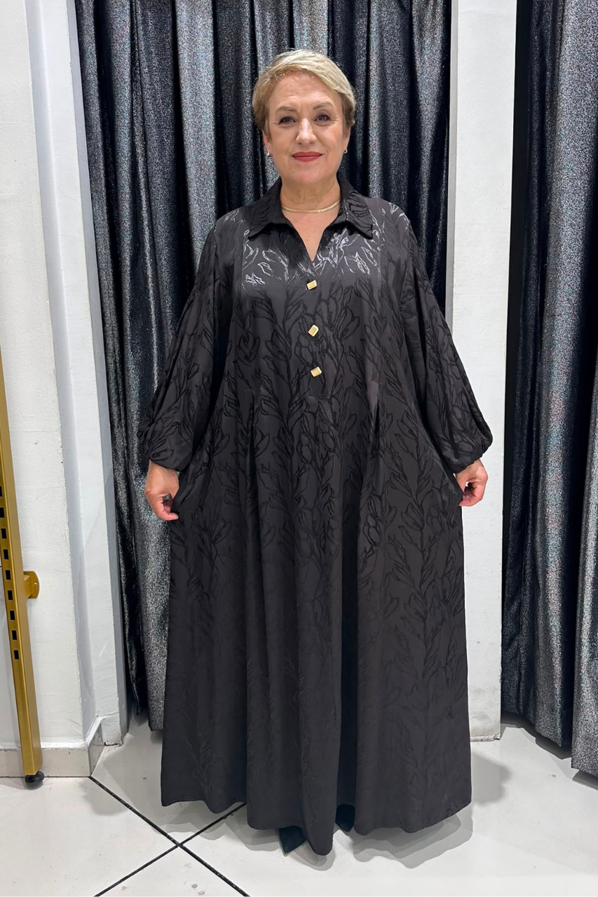 Selma Büyük Beden Şık Pamuk Saten Balon Kol Elbise