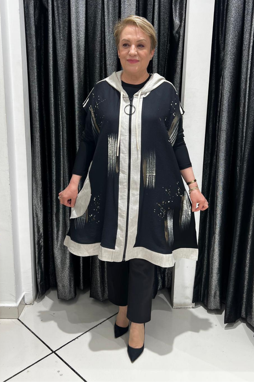 Selma Büyük Beden Siyah Fermuarlı Desenli Yelek