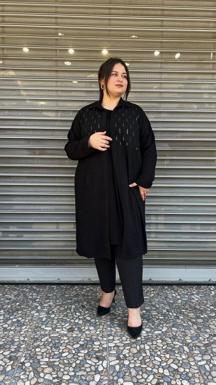 Selma Büyük Beden Siyah İşlemeli İçli Dışlı Takım