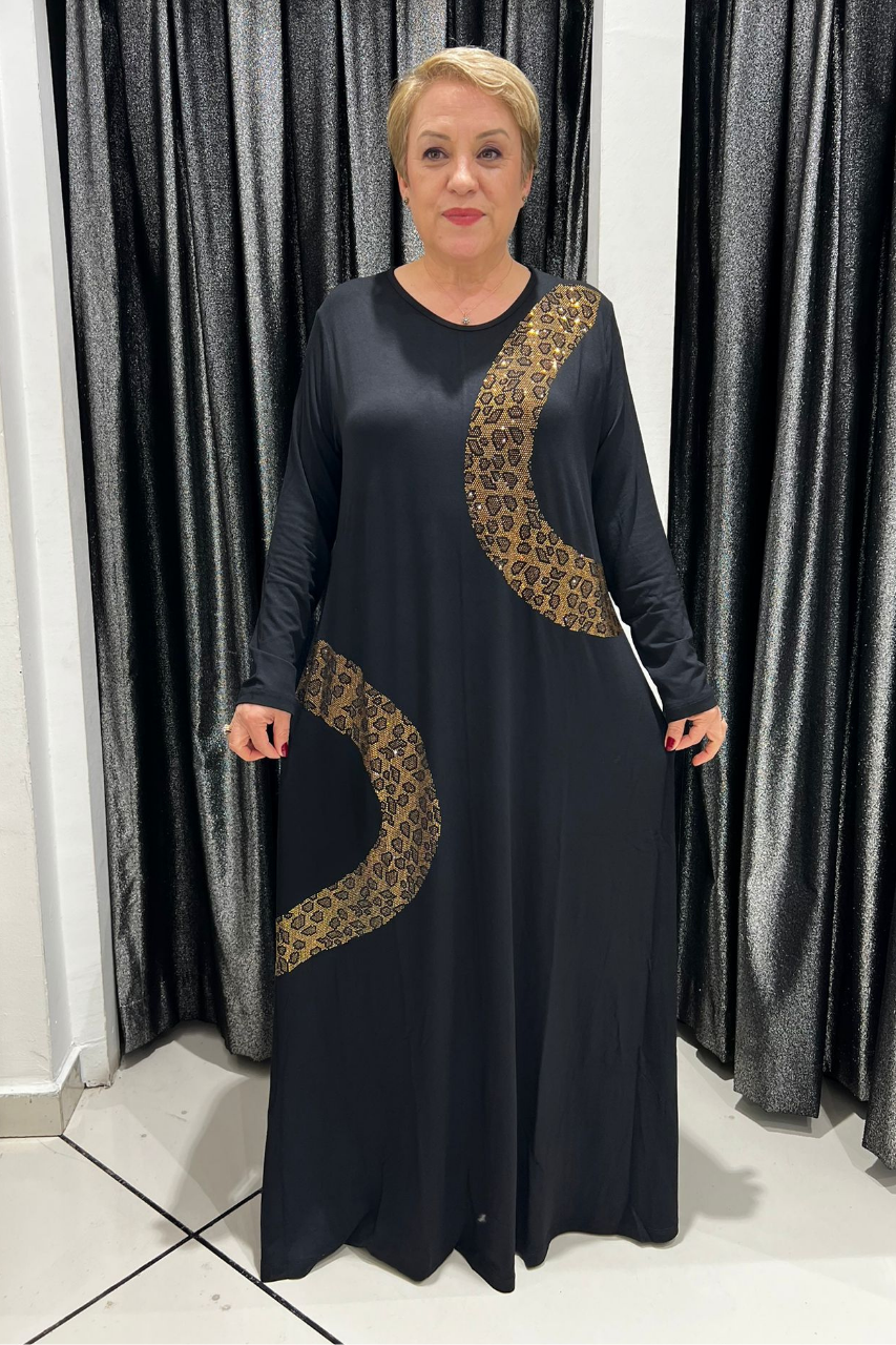 Selma Büyük Beden Siyah Leopar Detaylı Uzun Elbise