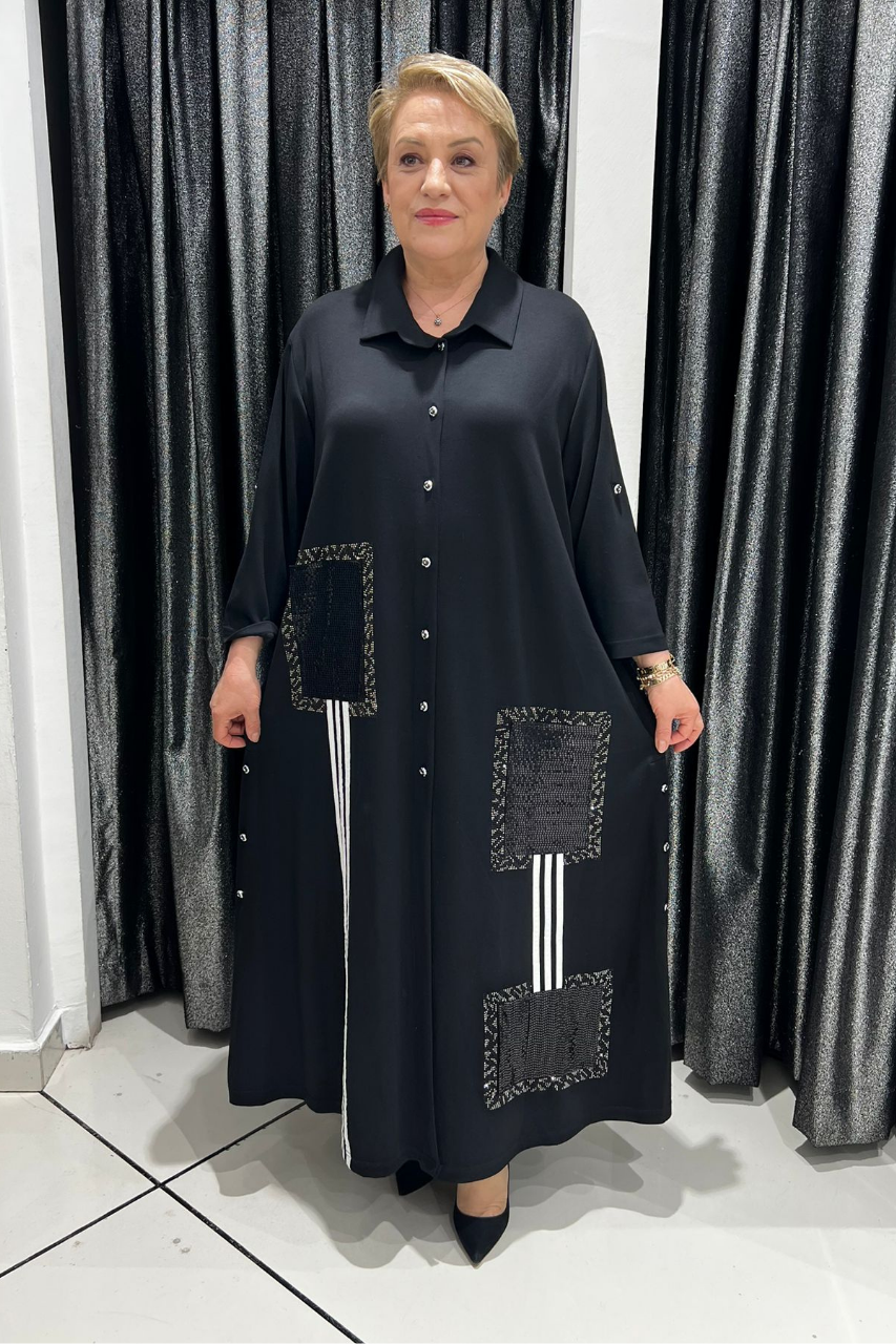 Selma Büyük Beden Siyah Patch Detaylı Gömlek Elbise