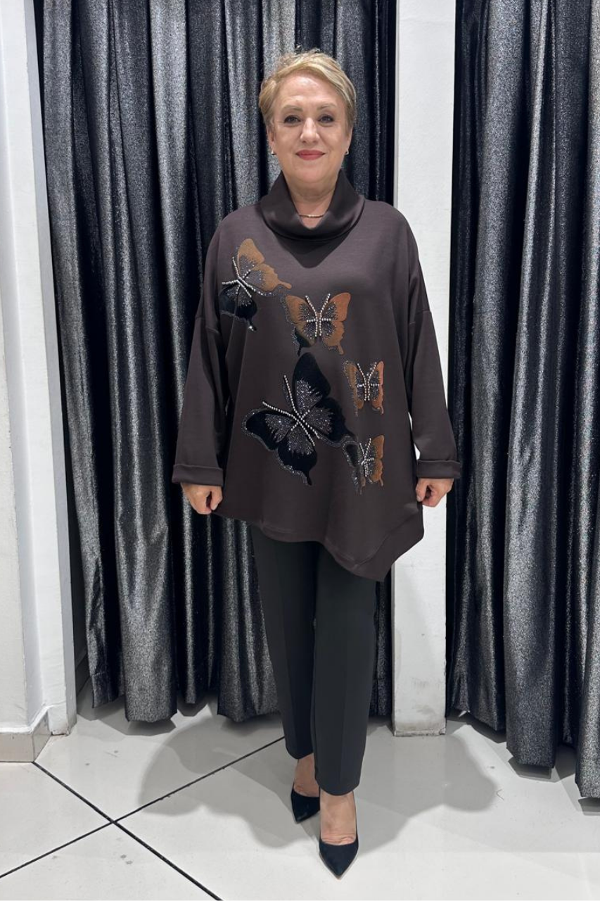 Selma Büyük Beden Taş Detaylı Kelebek Desenli Bluz