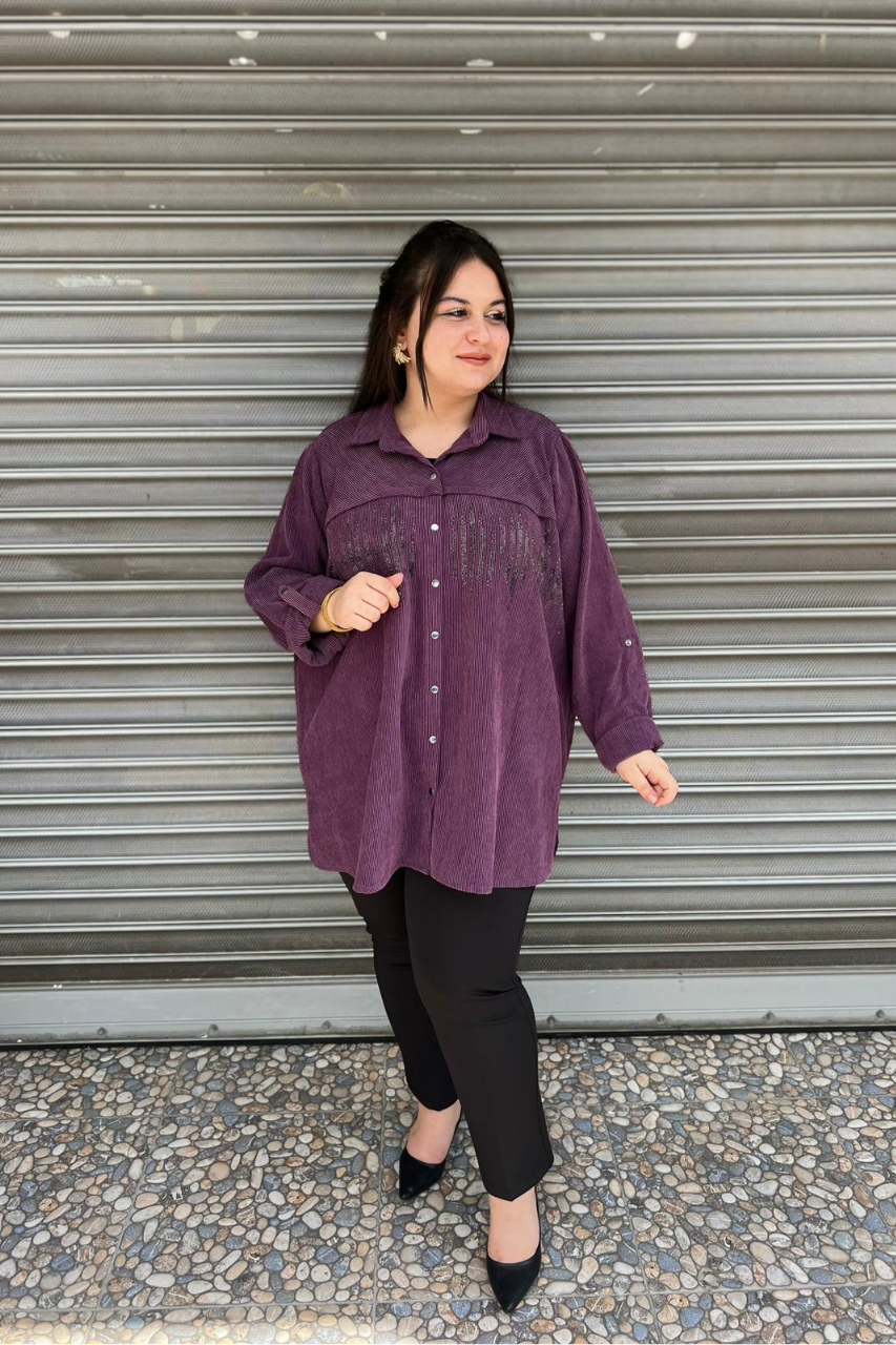 Selma Büyük Beden Taş İşlemeli Fitilli Gömlek