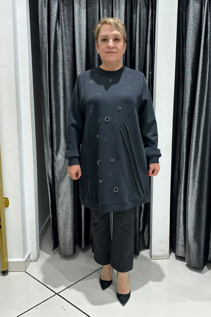 Selma Büyük Beden Taş İşlemeli Nervürlü Premium Oysho Kumaş Tunik