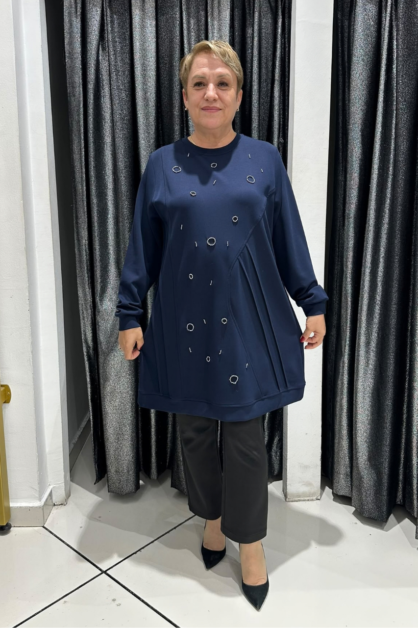 Selma Büyük Beden Taş İşlemeli Nervürlü Premium Oysho Kumaş Tunik
