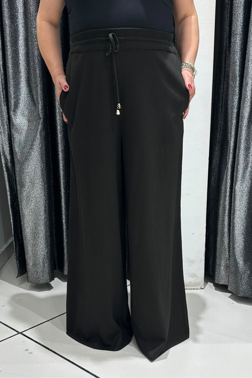Selma Büyük Beden Triko Kumaş Beli Bağcıklı Geniş Paça Pantolon