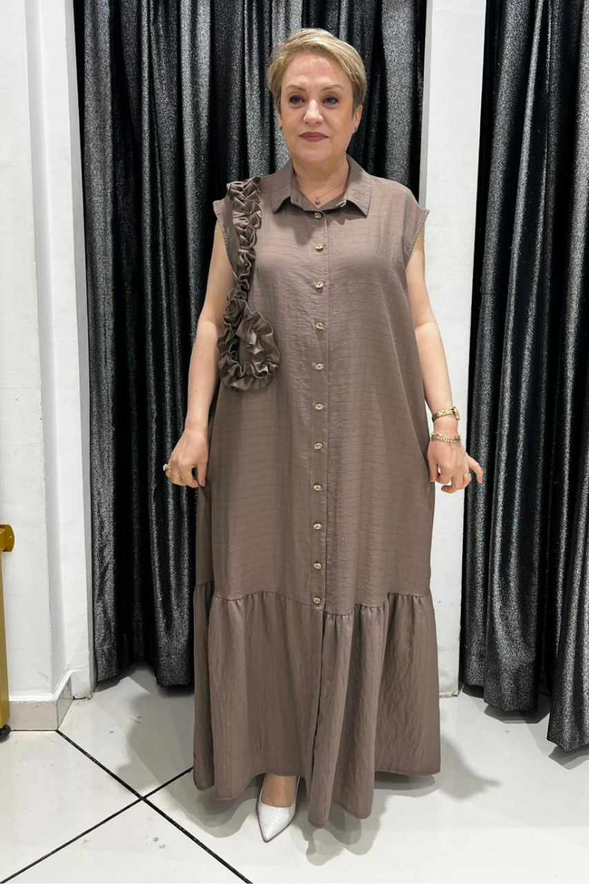 Selma Büyük Beden Volan Detaylı Düğmeli Jile Elbise