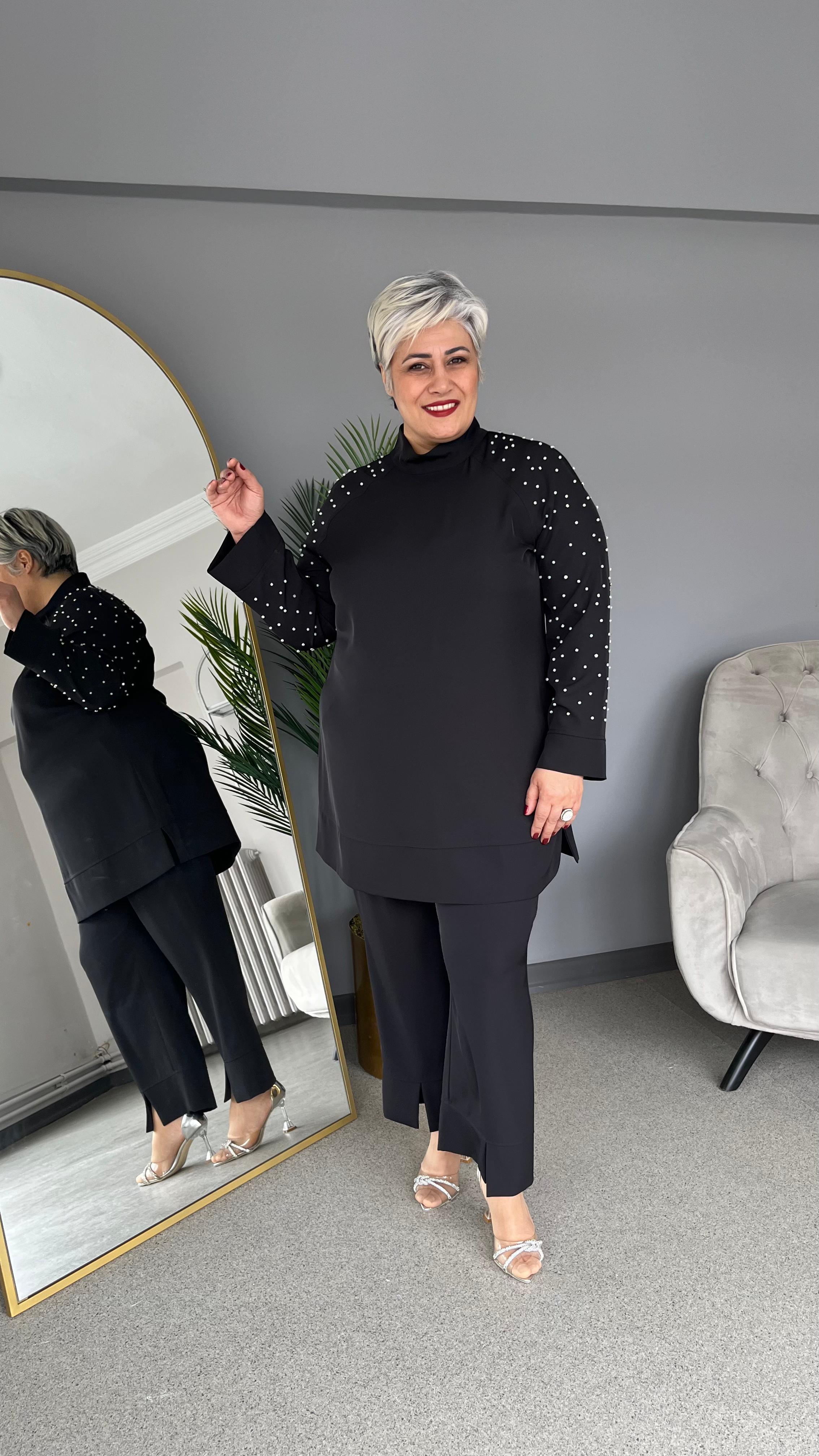 Selma Büyük Beden Yırtmaç Detaylı İncili Takım