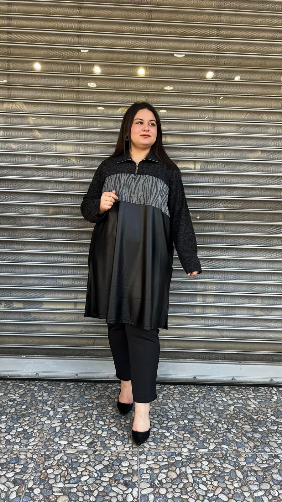 Selma Büyük Beden Zebra Desenli Deri Detaylı Tunik