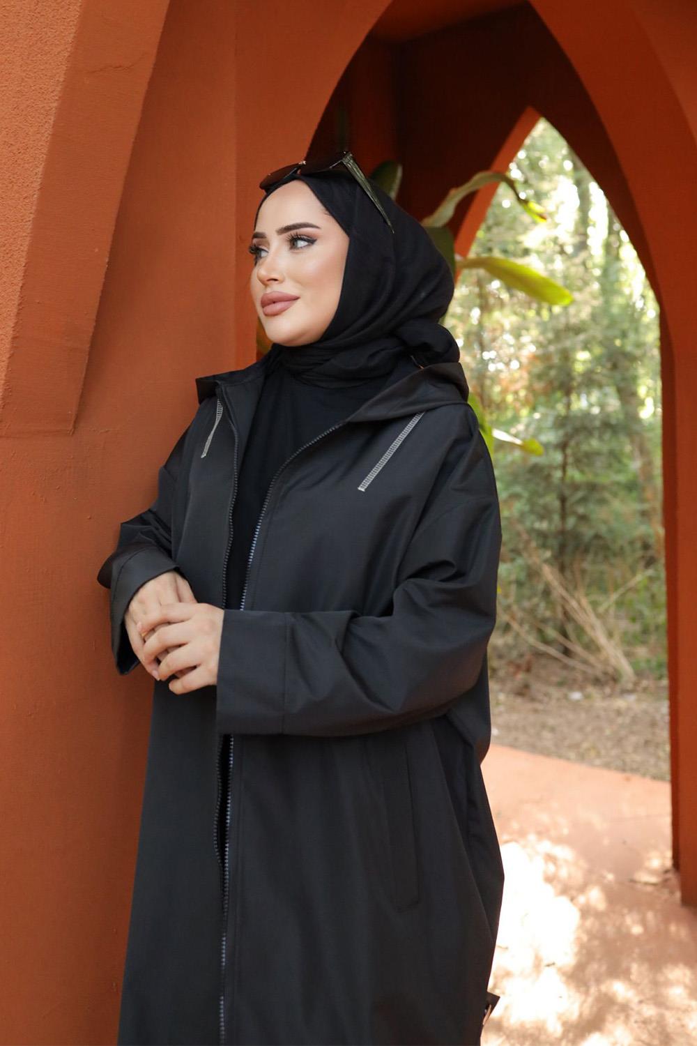 SIRT BASKILI SPOR TRENÇ SİYAH