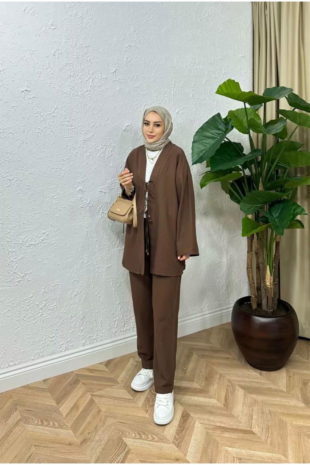 BAĞCIKLI KİMONO TAKIM ACI KAHVE 