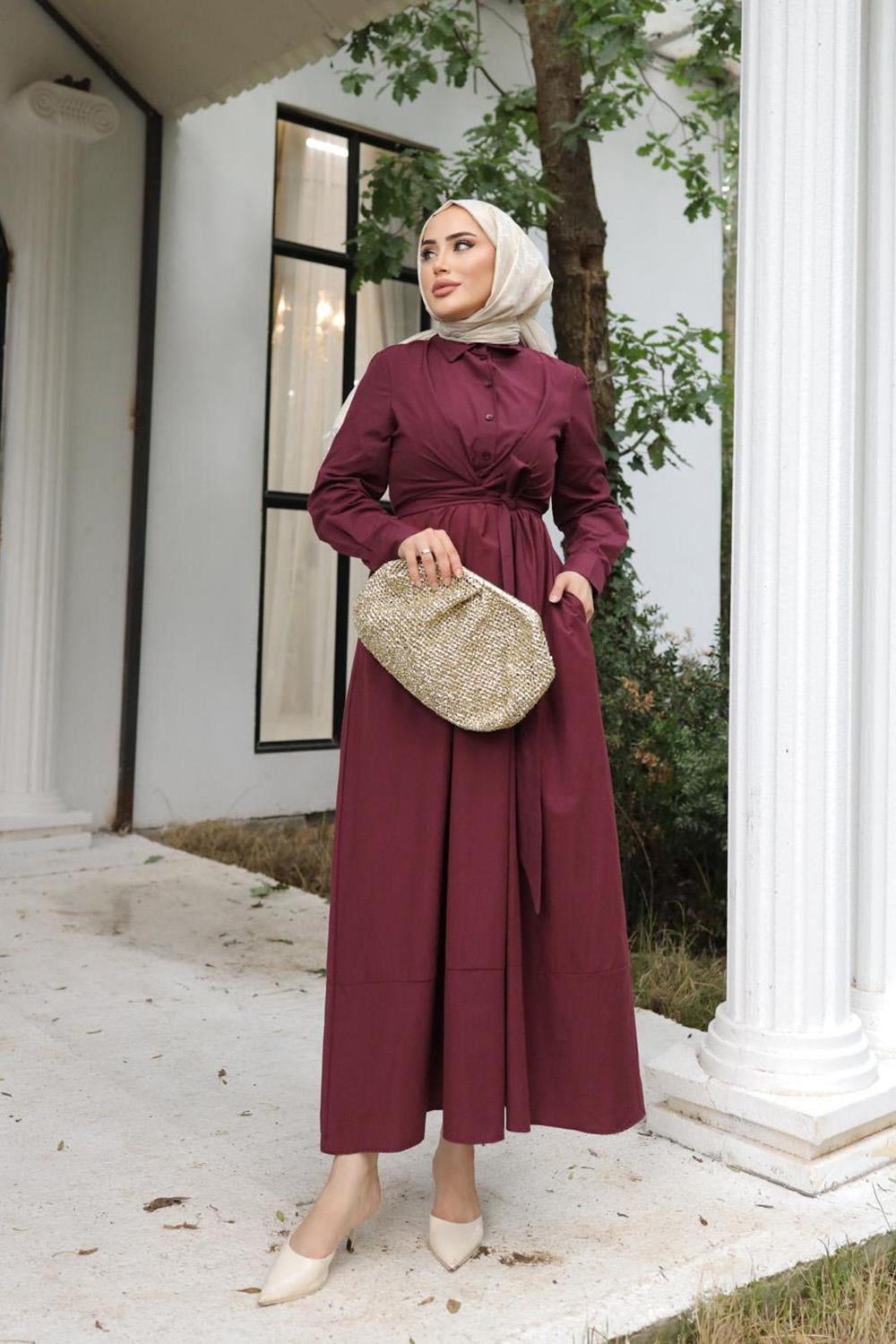 ÇAPRAZ KUŞAKLI ELBİSE BORDO