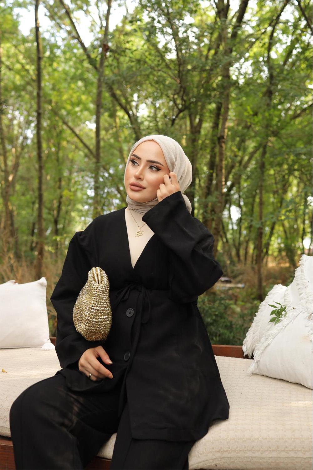 DÜĞMELİ KETEN TAKIM SİYAH