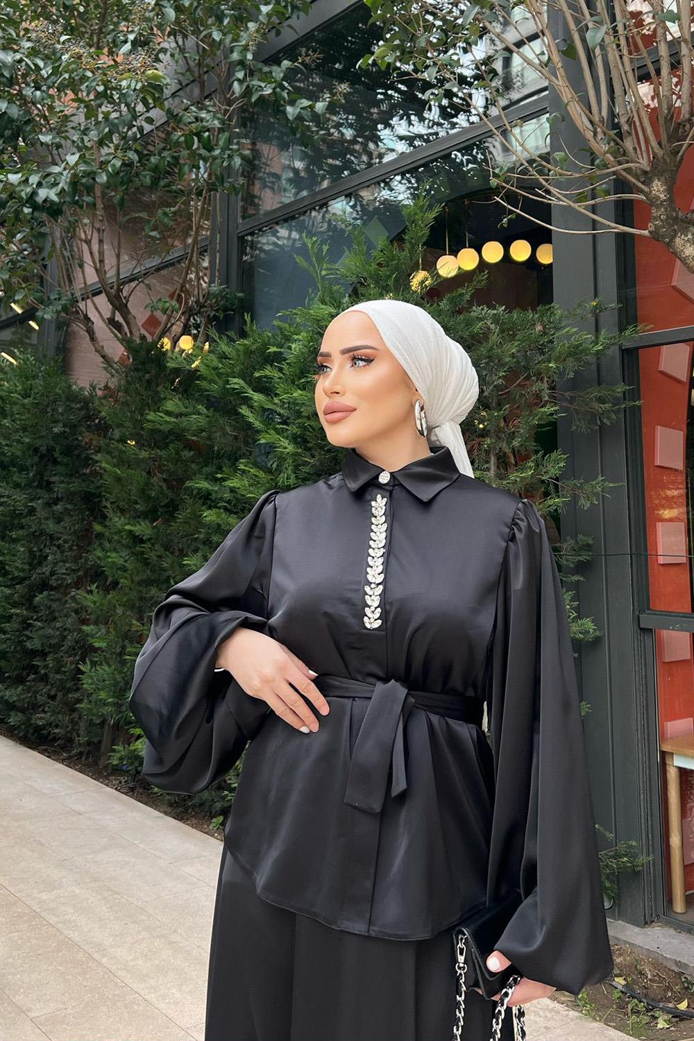 SATEN ETEKLİ TAKIM SİYAH