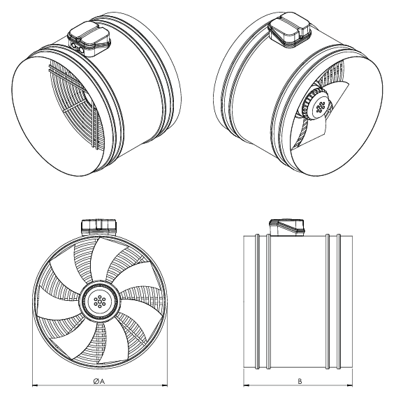 AYBT-200-M-2K AKSİYEL KANAL TİPİ FAN (1200 m3/h) - ACTİVENT - AKSİYEL FANLAR