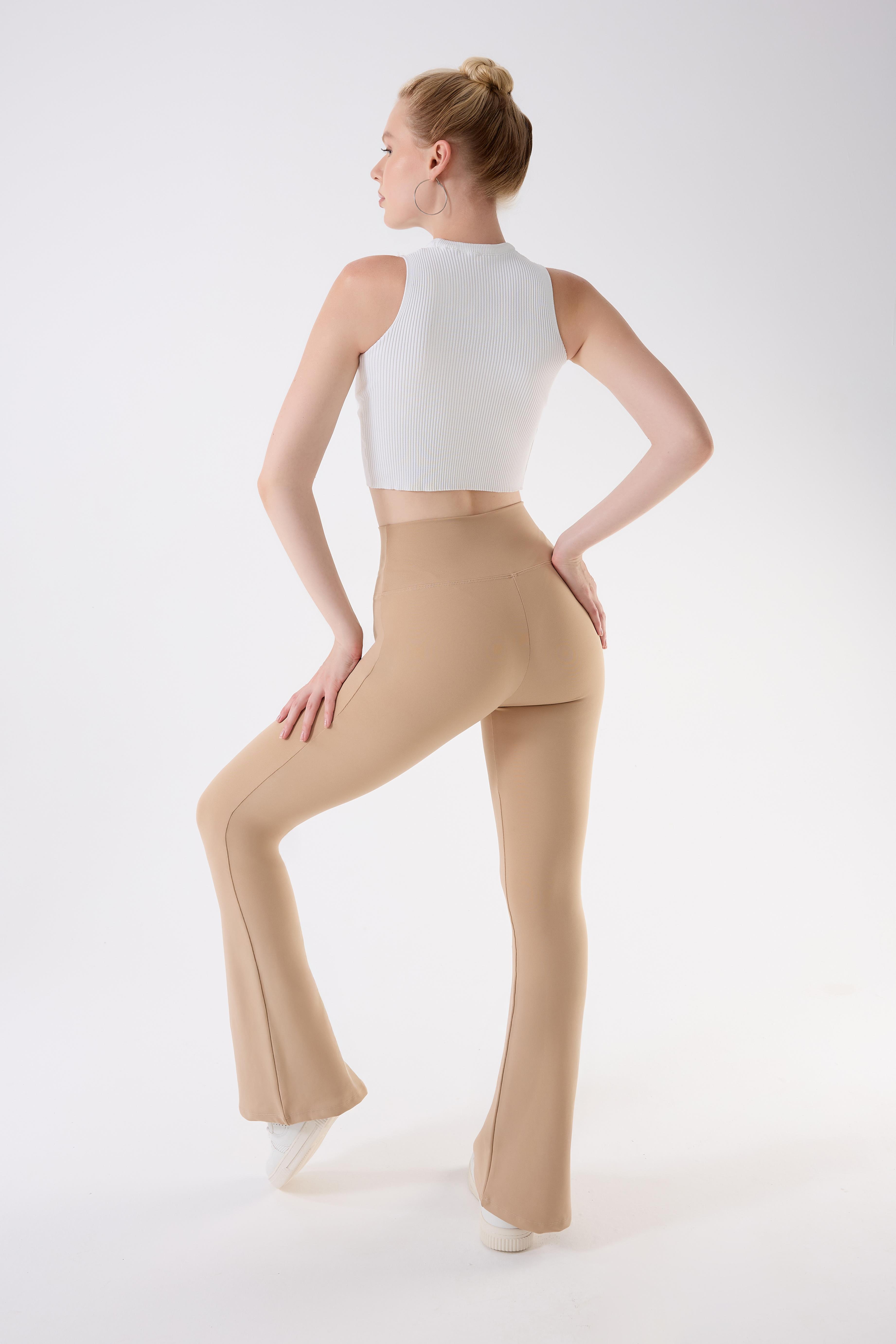 İmaj 717 Bej Renk  Ekstra Yumuşak Dokulu, Toparlayıcı ve Esnek Etkili Yüksek Bel İspanyol Paça Tayt