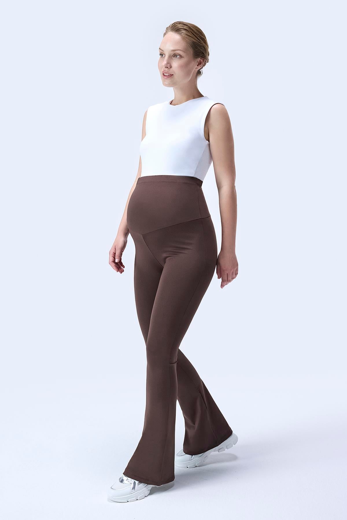 İmaj 436 Kahverengi Renk Toparlayıcı ve Extra Esnek Etkili Yüksek Bel İspanyol Paça Hamile Tayt