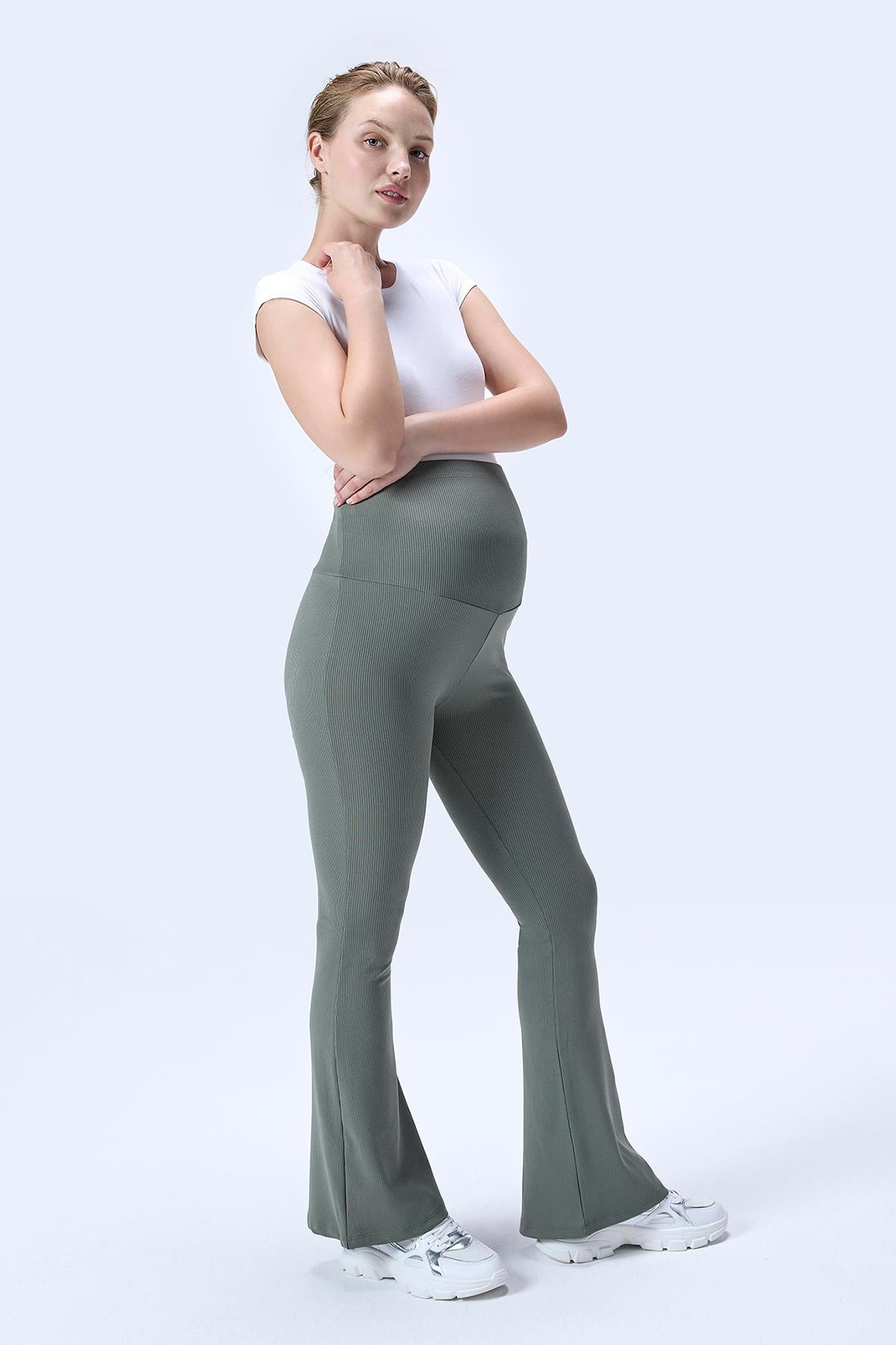 İmaj 367 Yeşil Renk Fitilli Toparlayıcı ve Extra Esnek Etkili Yüksek Bel İspanyol Paça Hamile Tayt