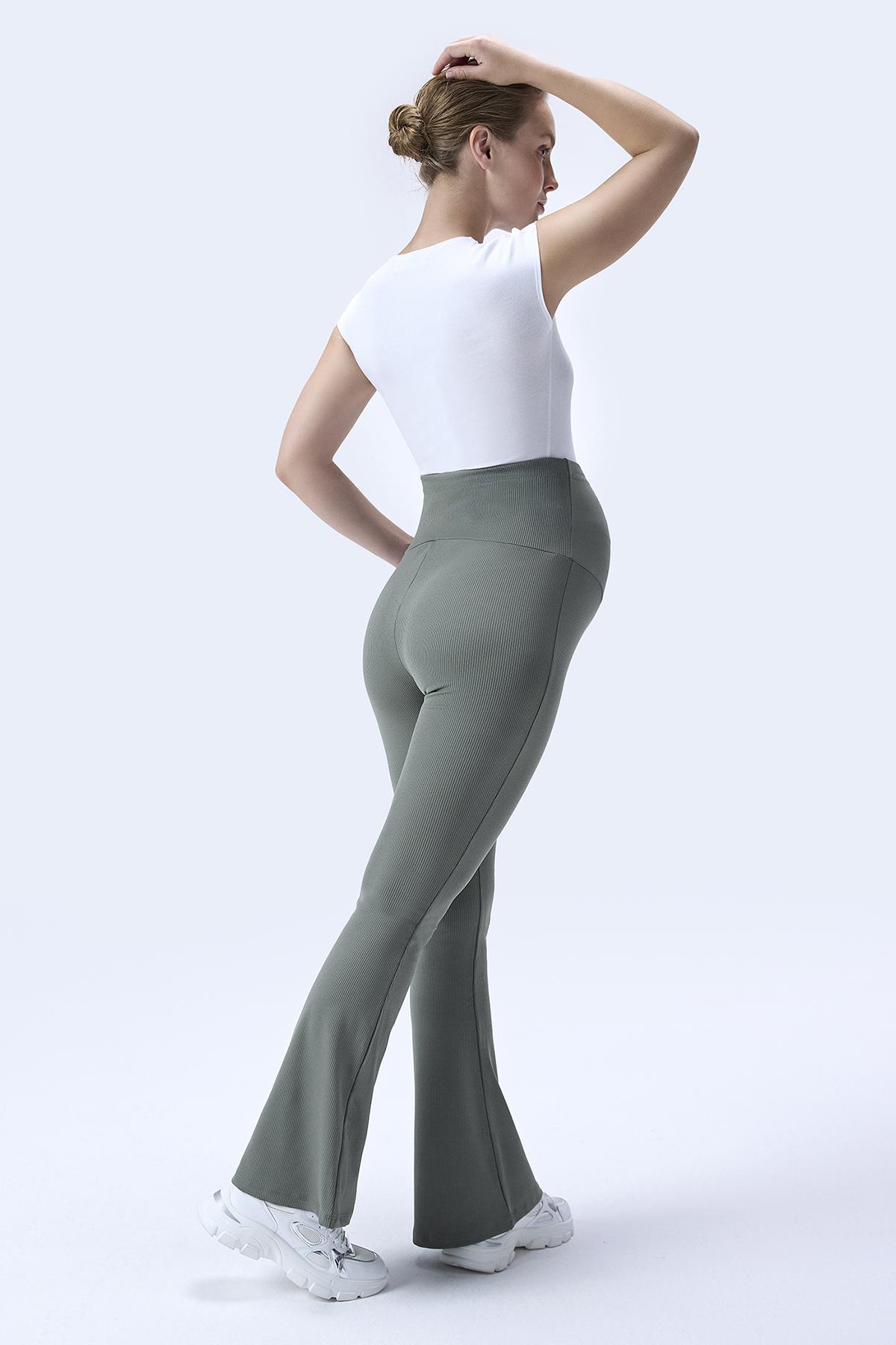 İmaj 367 Yeşil Renk Fitilli Toparlayıcı ve Extra Esnek Etkili Yüksek Bel İspanyol Paça Hamile Tayt