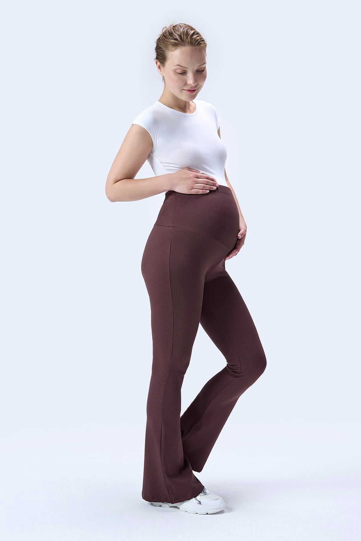 İmaj 367 Kahverengi Renk Fitilli Toparlayıcı ve Extra Esnek Etkili Yüksek Bel İspanyol Paça Hamile Tayt