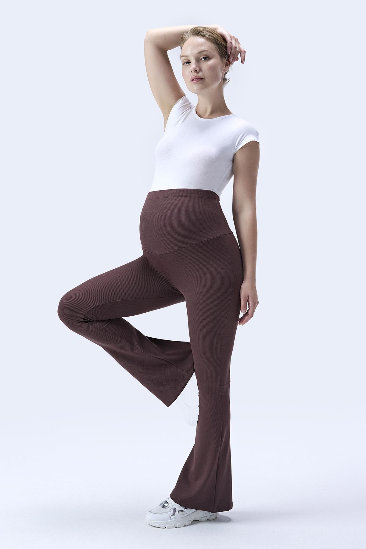 İmaj 367 Kahverengi Renk Fitilli Toparlayıcı ve Extra Esnek Etkili Yüksek Bel İspanyol Paça Hamile Tayt