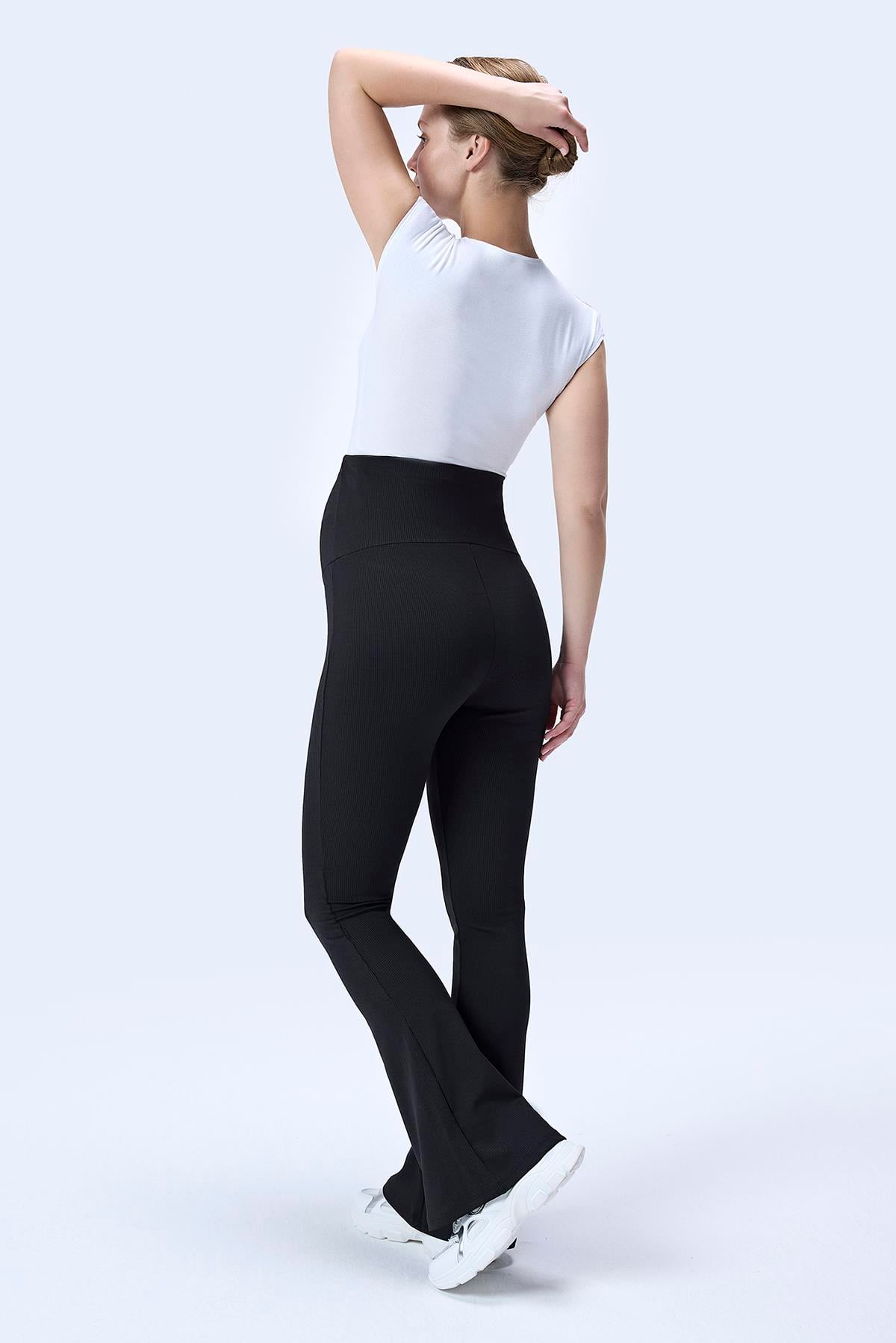 İmaj 367 Siyah Renk Fitilli Toparlayıcı ve Extra Esnek Etkili Yüksek Bel İspanyol Paça Hamile Tayt