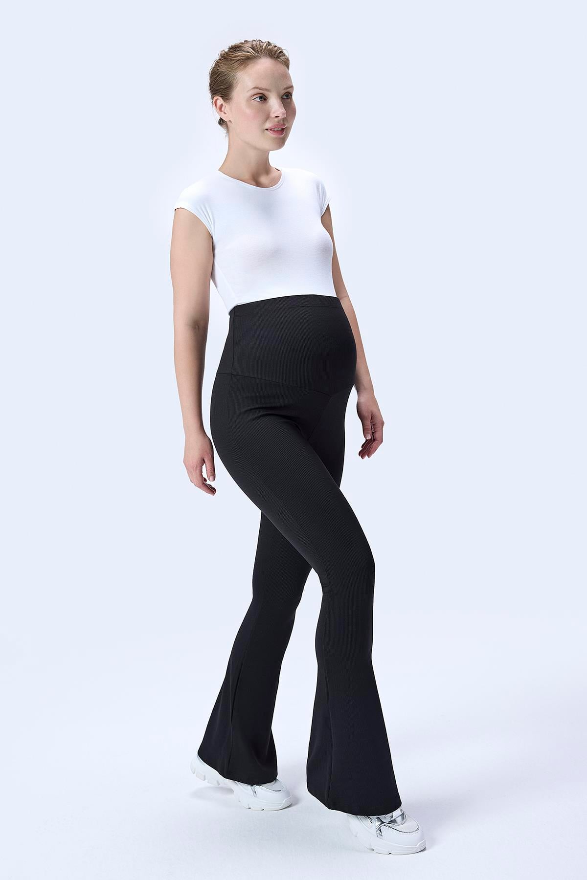 İmaj 367 Siyah Renk Fitilli Toparlayıcı ve Extra Esnek Etkili Yüksek Bel İspanyol Paça Hamile Tayt