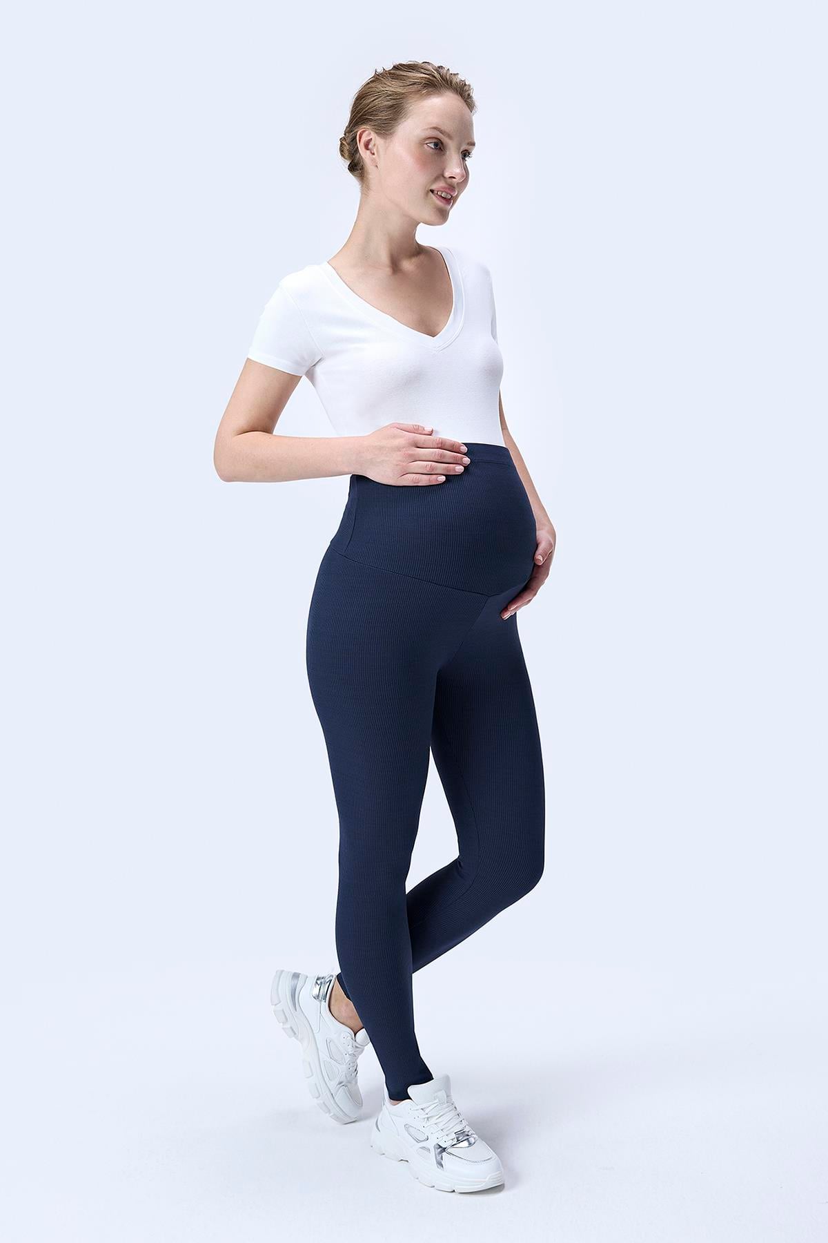 İmaj 371 Lacivert Renk Fitilli Toparlayıcı ve Extra Esnek Etkili Yüksek Bel Hamile Tayt
