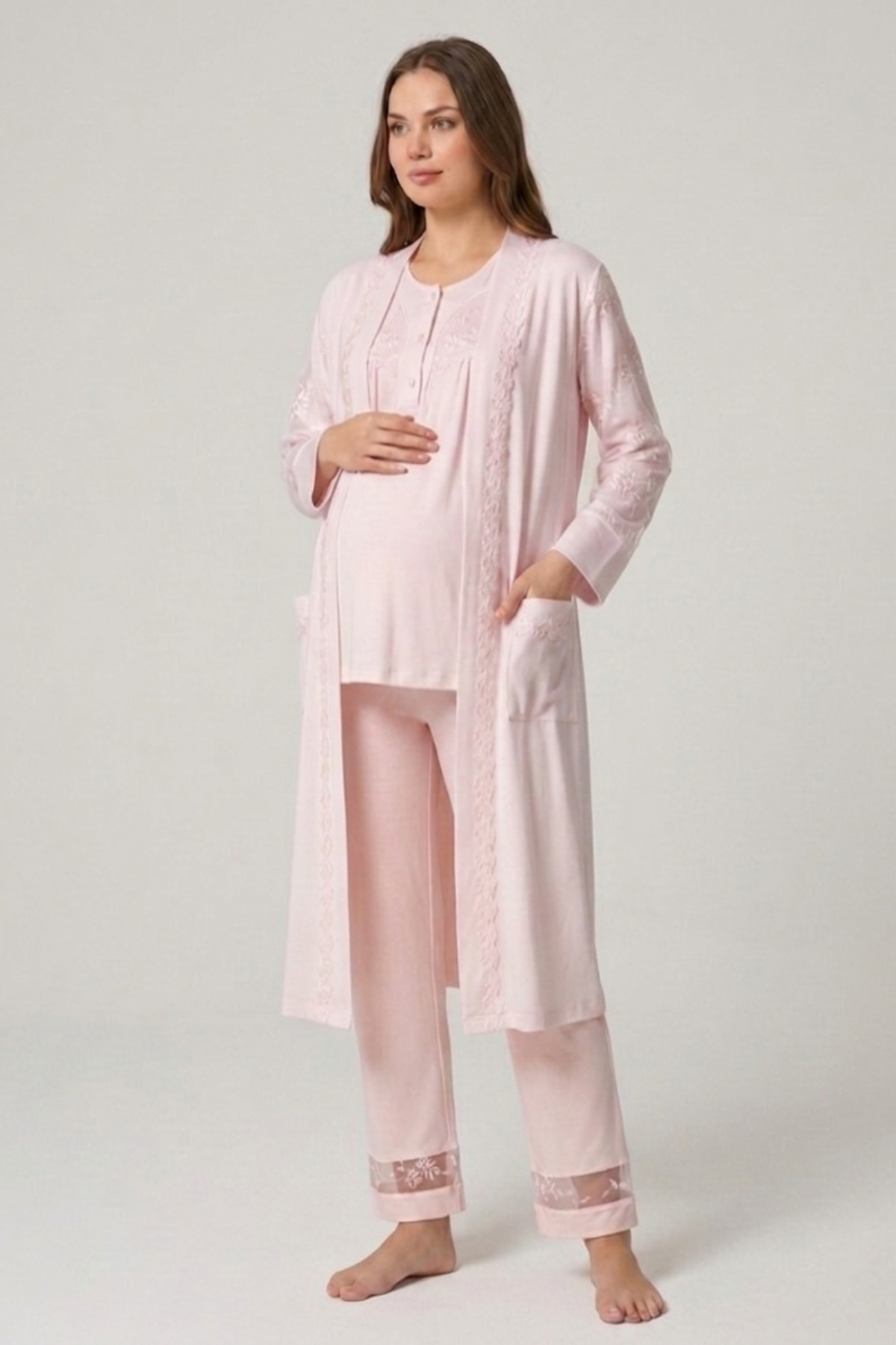 İmaj 13105 Pudra Renk 3 lü Lohusa Pijama Takımı