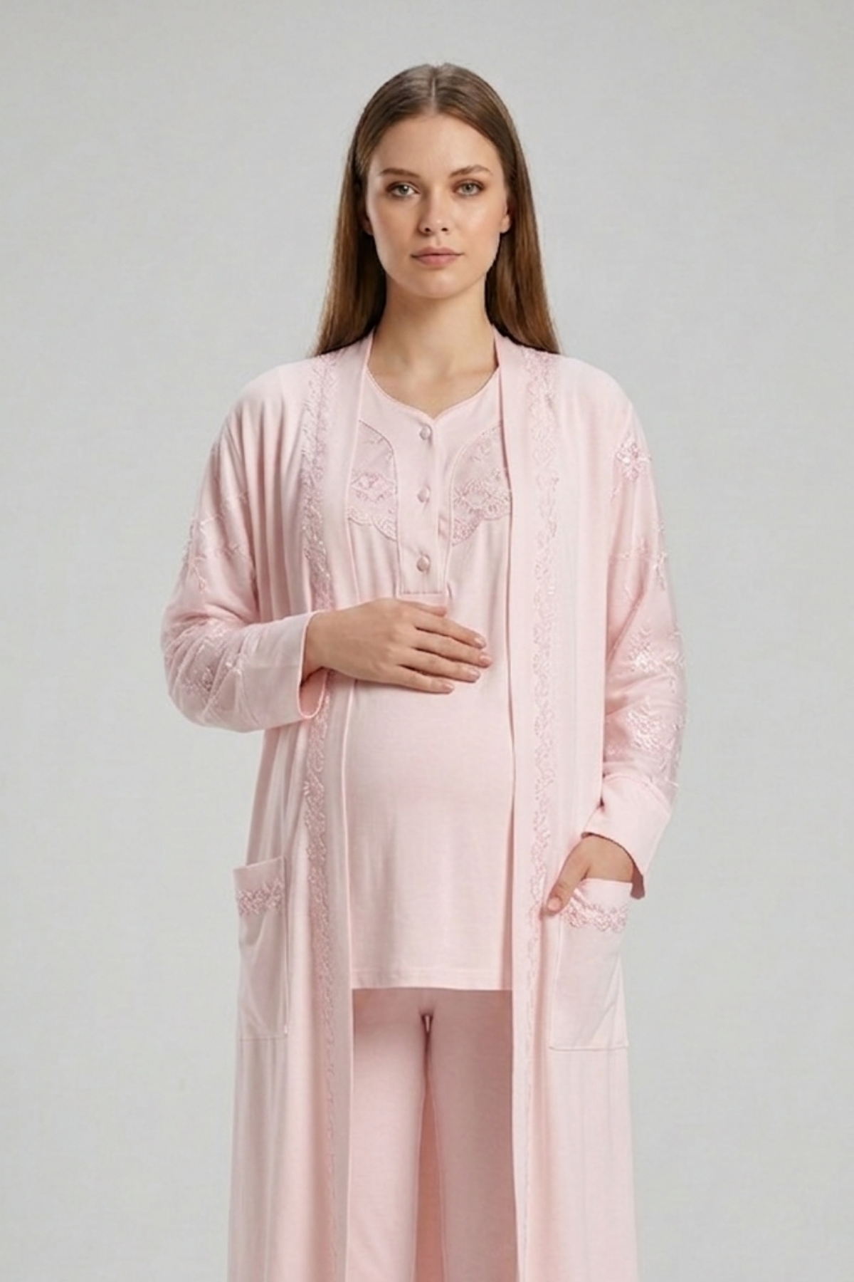 İmaj 13105 Pudra Renk 3 lü Lohusa Pijama Takımı