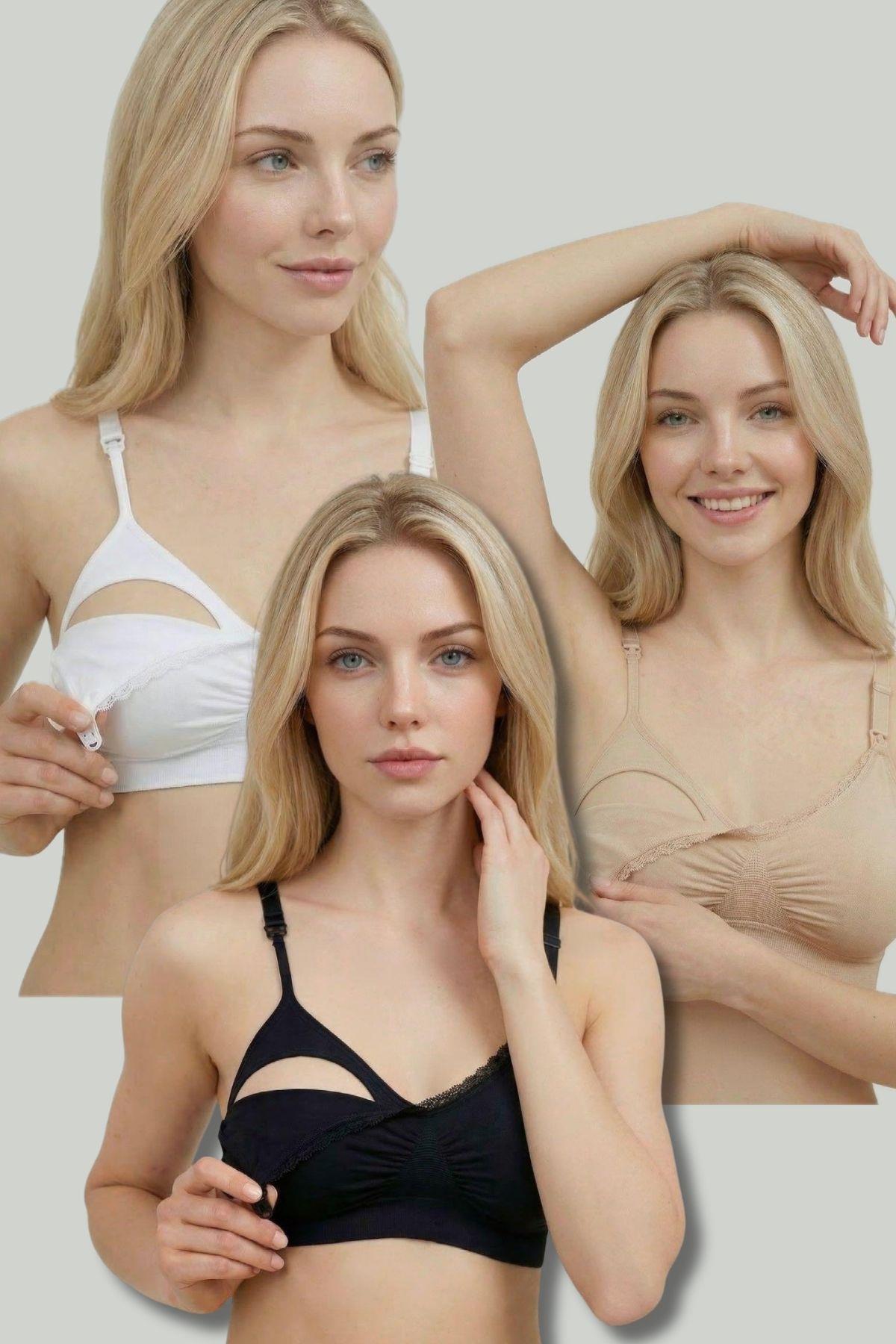 İmaj 286 Ekru Siyah Ten Renk 3lü Seamless Dikişsiz Hamile ve Emzirme Sütyeni